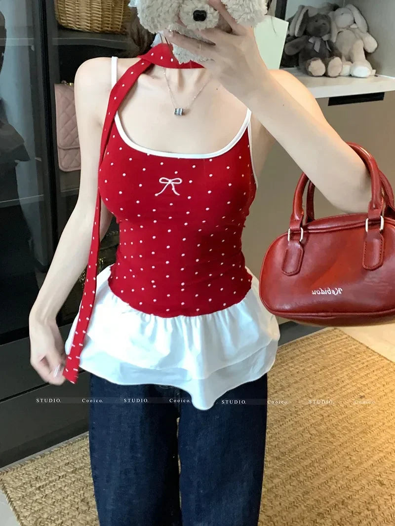 Red Polka Dot Bow Frill Top