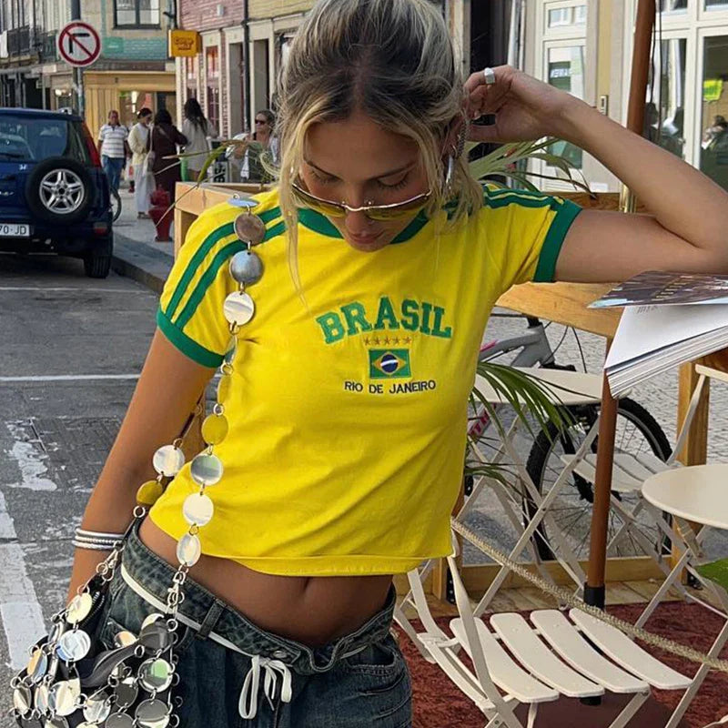 Brazil Flag Graphic Short Sleeve Crop Top - High Street Slim Fit