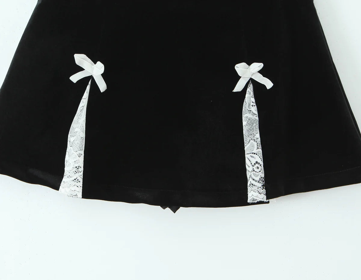 Black Velvet Lace Up Corset Top And Mini Skirt Set