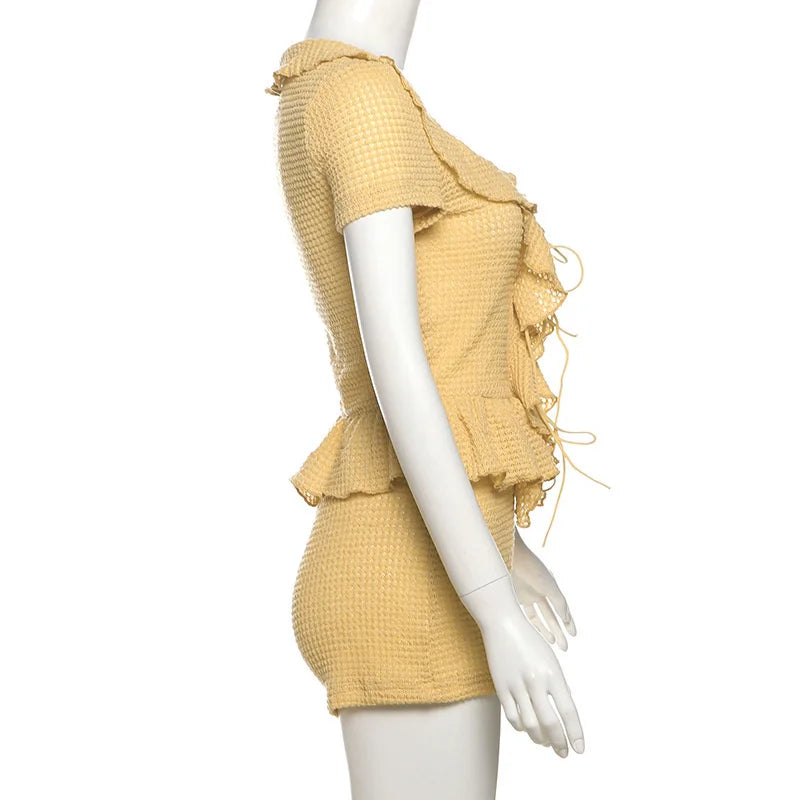 Ruffle Tie Up Top And Shorts Two Piece Set