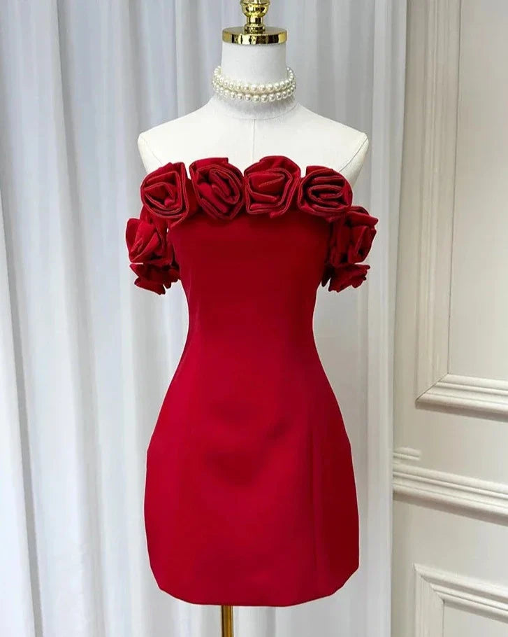 3D Flower Off-Shoulder Tube Mini Dress