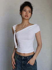 Asymmetric Strap Buckle Sleeve Crop Top