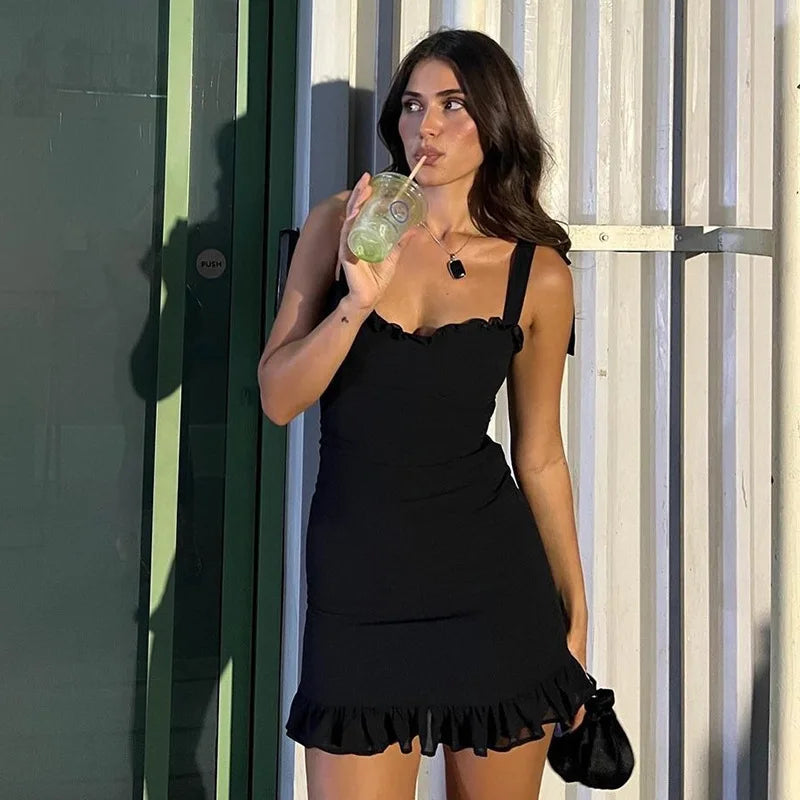 Frill Trim Tie-Up Mesh Mini Dress