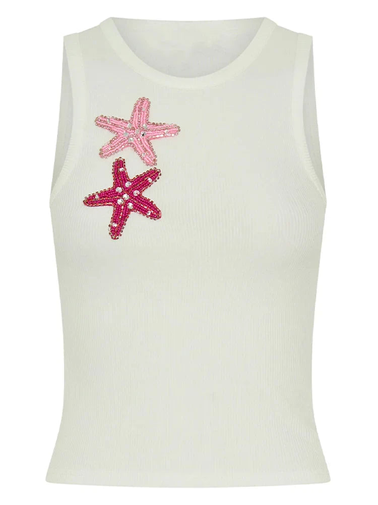 White Tank Top With 3D Appliqués