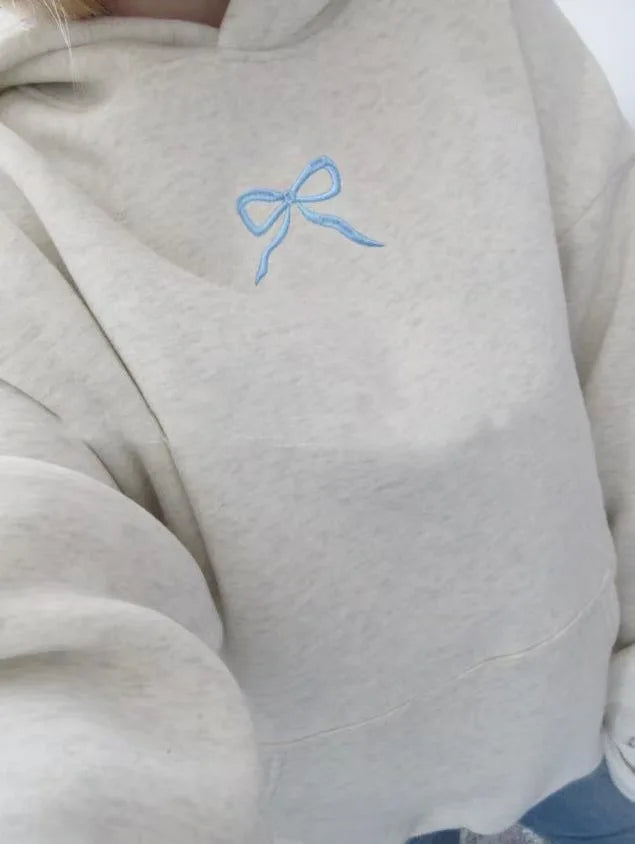 Bow Embroidery Hoodie - Loose Fit Pullover