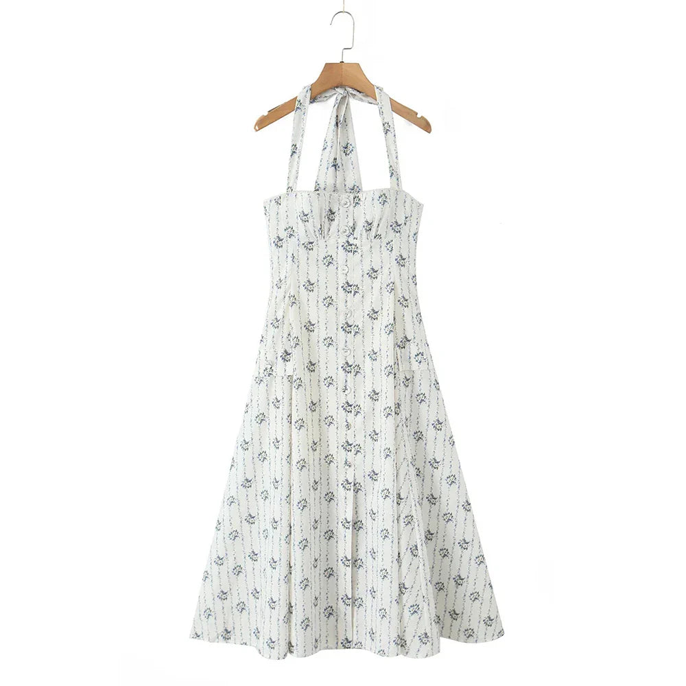 Printed Halter Flare Midi Dress