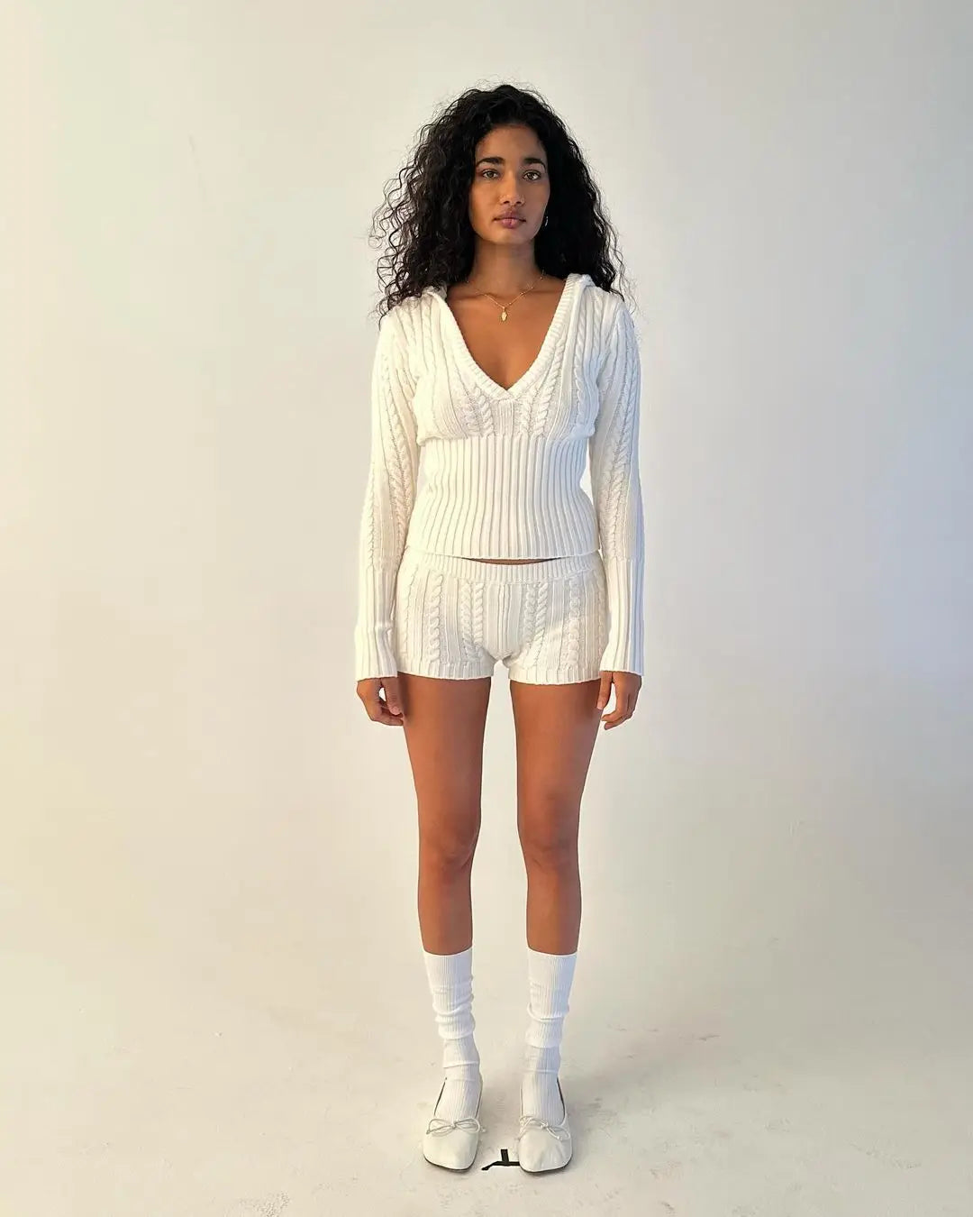 Long Sleeve Knitted V-Neck Hooded Sweater And Shorts Set