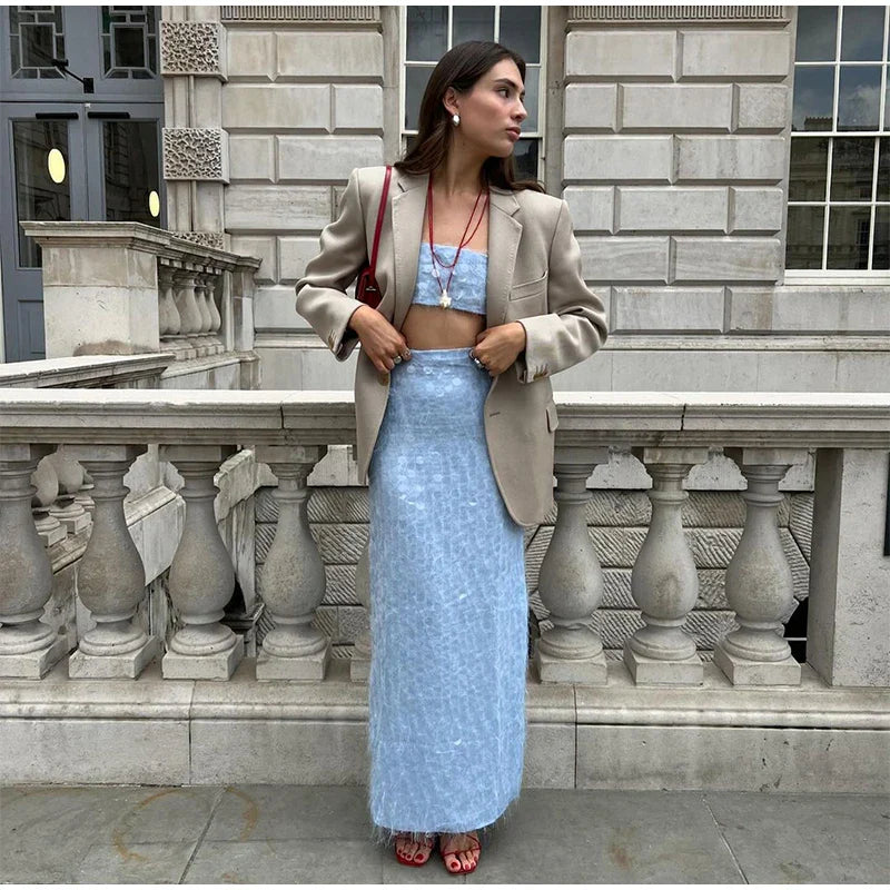 Blue Sequin Tube Top And Maxi Skirt