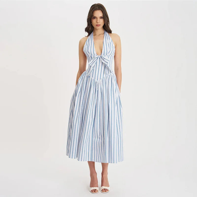 Blue Stripe Deep Neck Maxi Dress