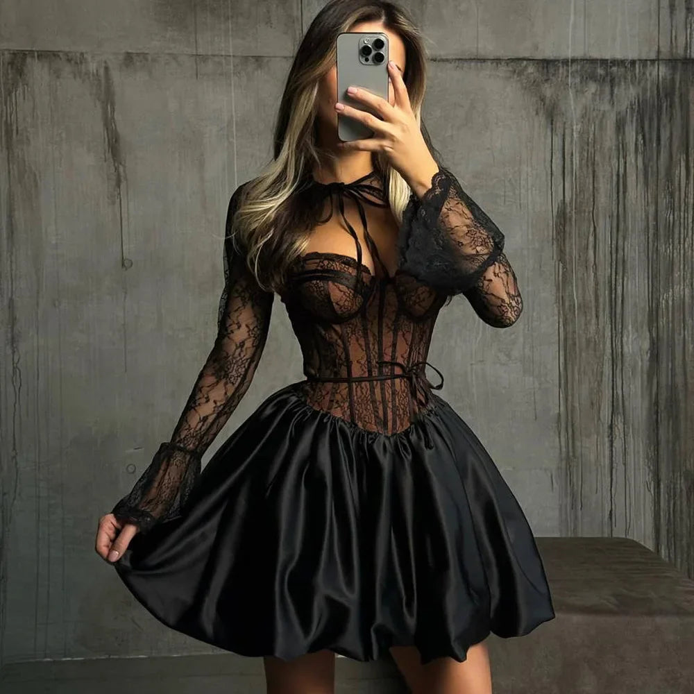 Black Lace Removable Sleeve Puff Mini Dress