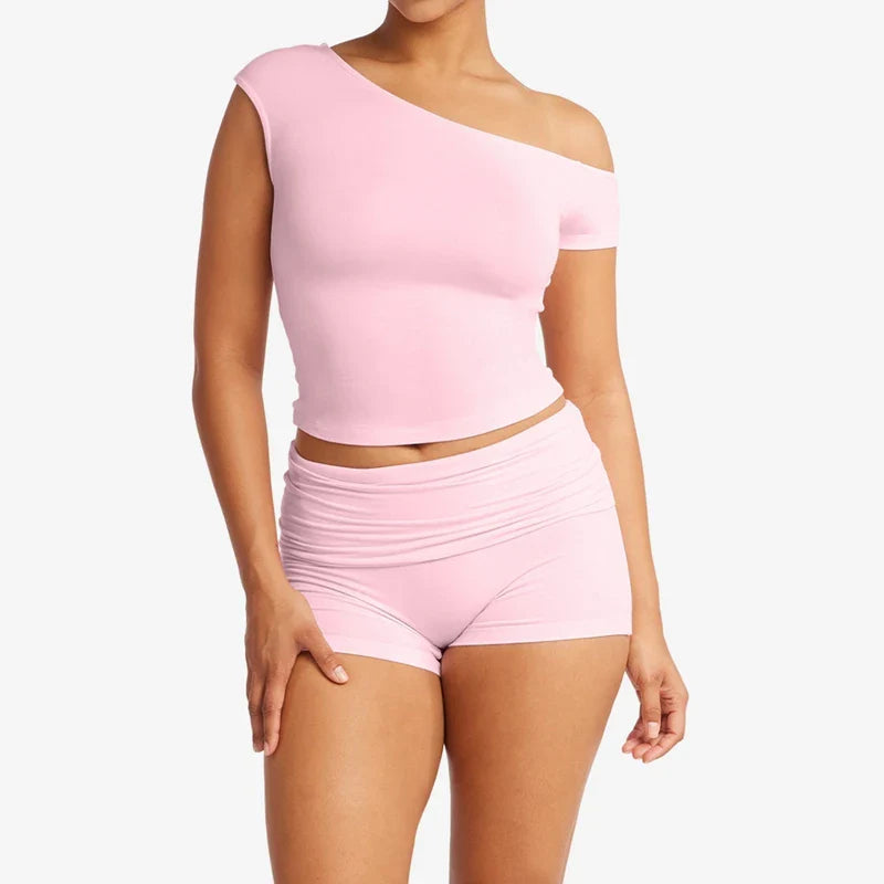 Pink Crop Top And Shorts Set