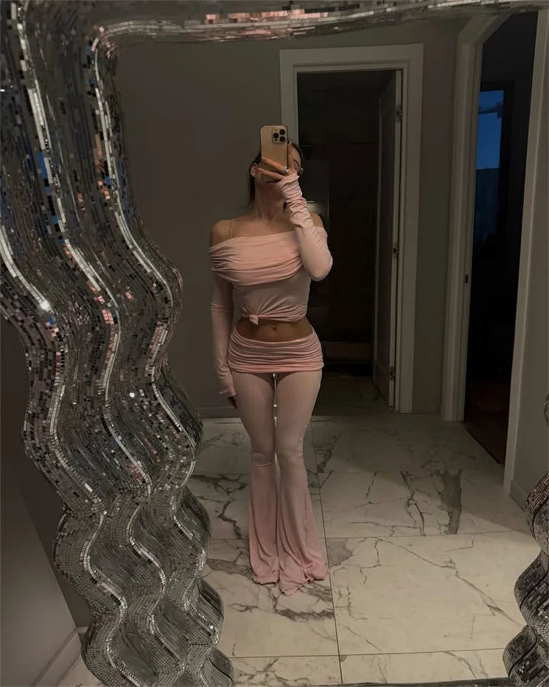 Long Sleeve Off-Shoulder Top And Ruched Pants Set