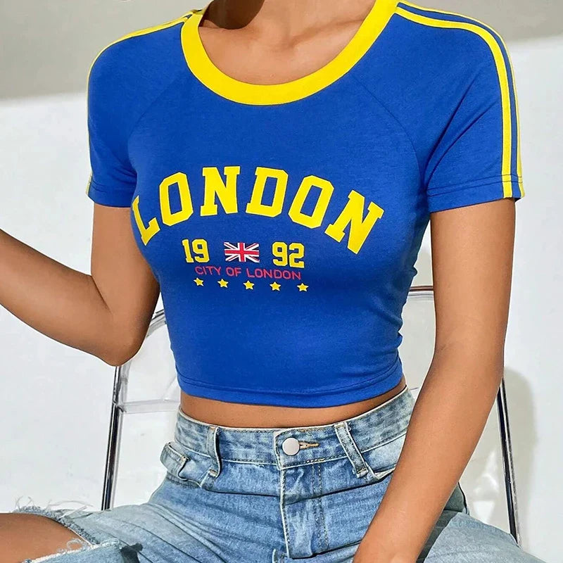 Blue London Letter Printed Crop Graphic T-shirt - Casual Regular Fit