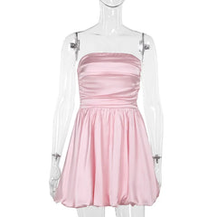 Satin Puff Ruched Tube Mini Dress