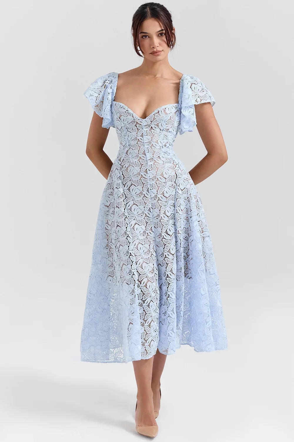 Blue Lace Flare Sleeve Midi Dress