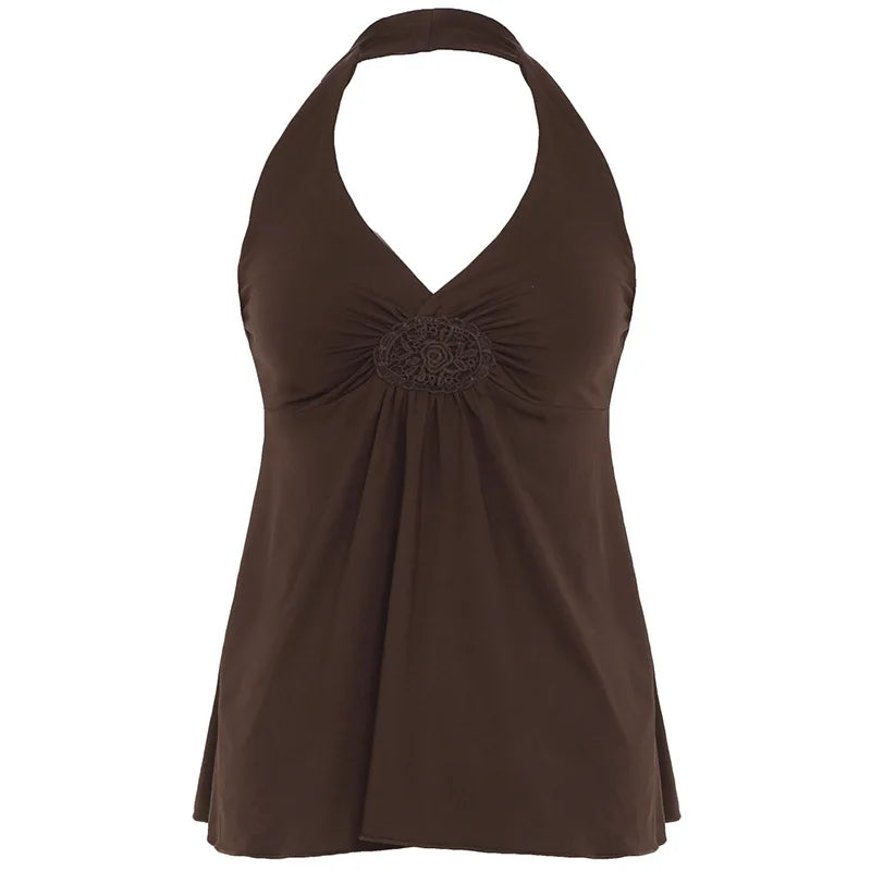Brown Embroidered V Neck Halter Top