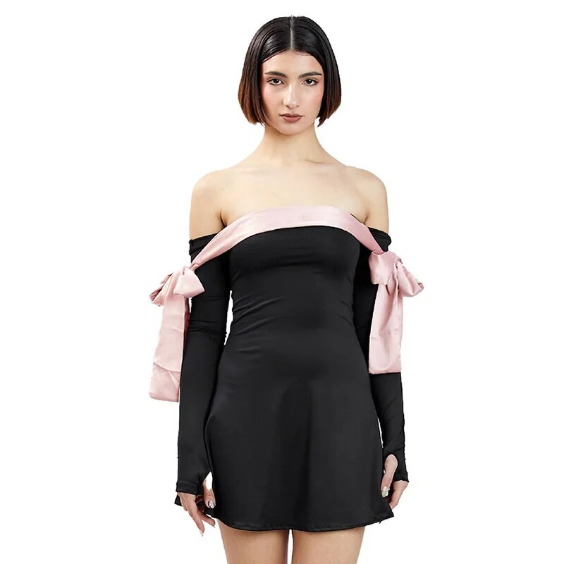 Black Off-shoulder Bow Long Sleeve Mini Dress