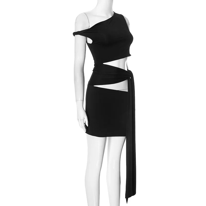Asymmetrical Bandage Cut Out Tie Up Mini Dress