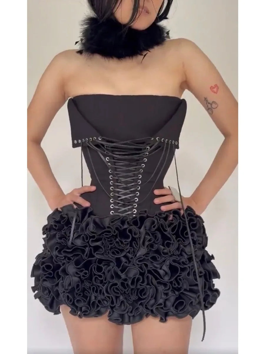 Black Corset Top & Ruffle Mini Skirt Set