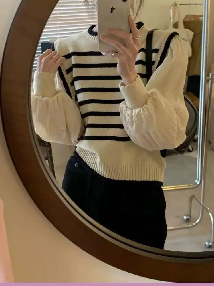 Black & White Striped Knit Patchwork Sleeve Pullover