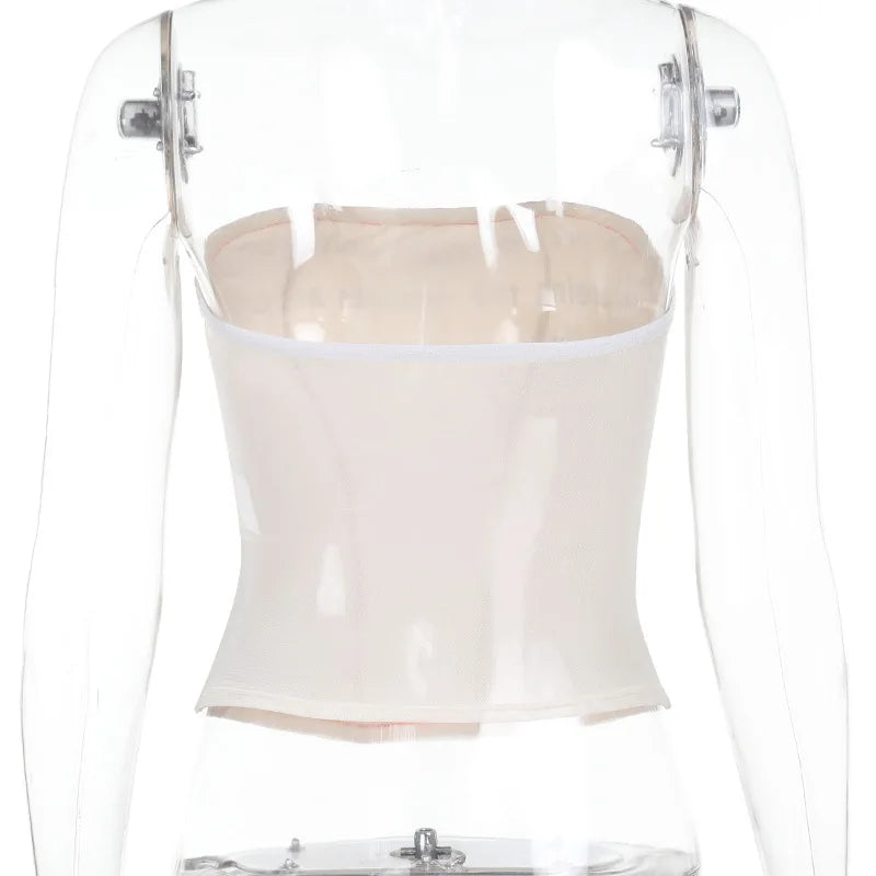 Letter Printed Mesh Strapless Crop Top - High Stretch Tank