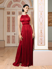 Red Pleated Halter Open Back Maxi Dress