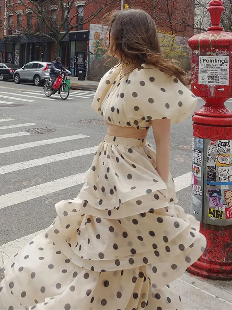 Polka Dot Bubble Sleeve Top And Ruffles Maxi Skirt Set