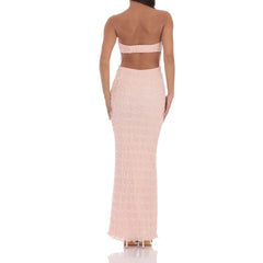 Pink Ruched Bust Backless Cutout Strapless Long Dress