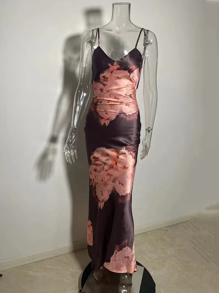 Brown Satin Floral Print Maxi Dress