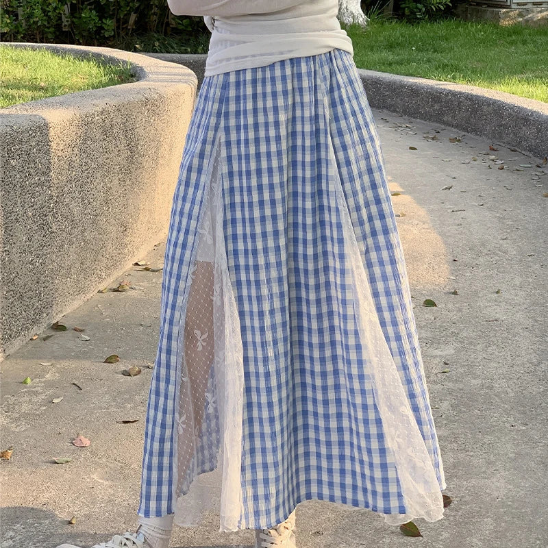 Lace Spliced Blue Plaid Long Skirt