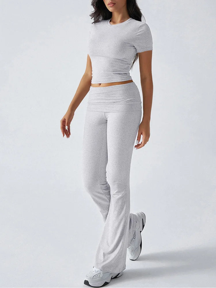 Slim Fit Two Piece Short Sleeve Top & Pant Set - Athleisure Workout Style