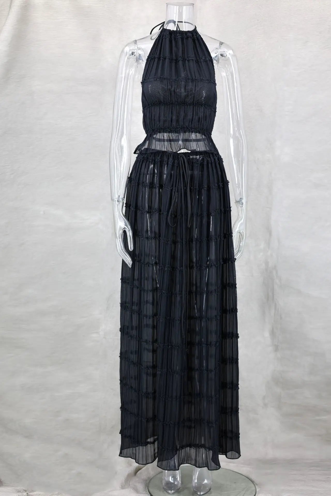 Halterneck Ruched Open Back Tie Up Top And Maxi Skirt Set