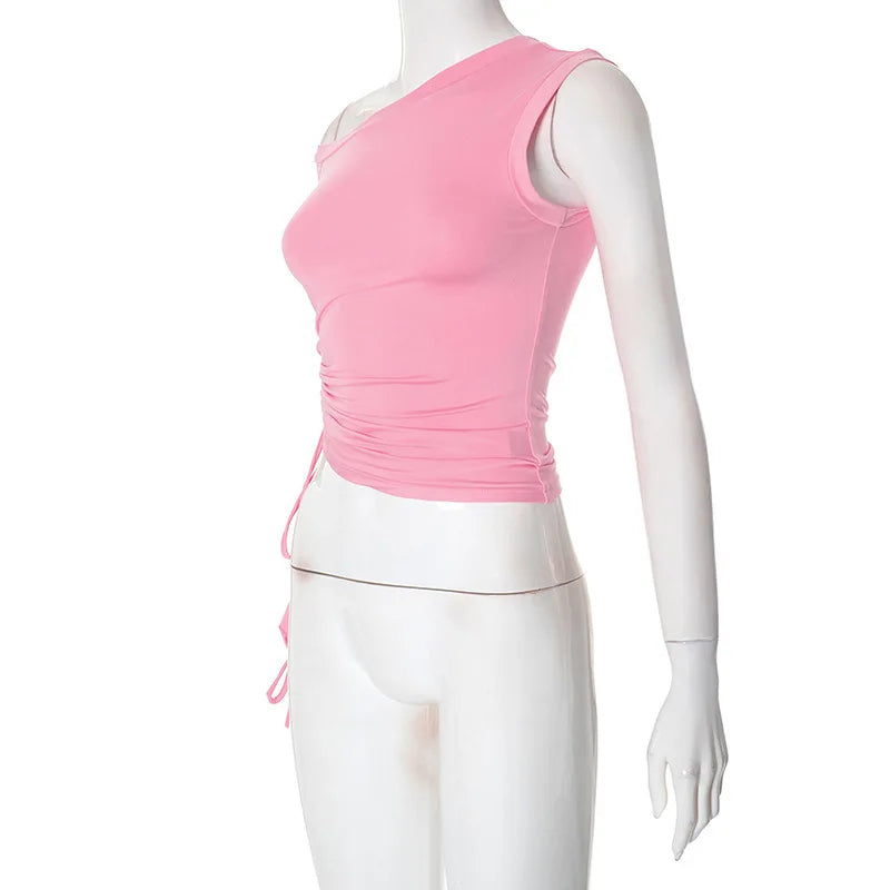 Pink One Shoulder Drawstring Top