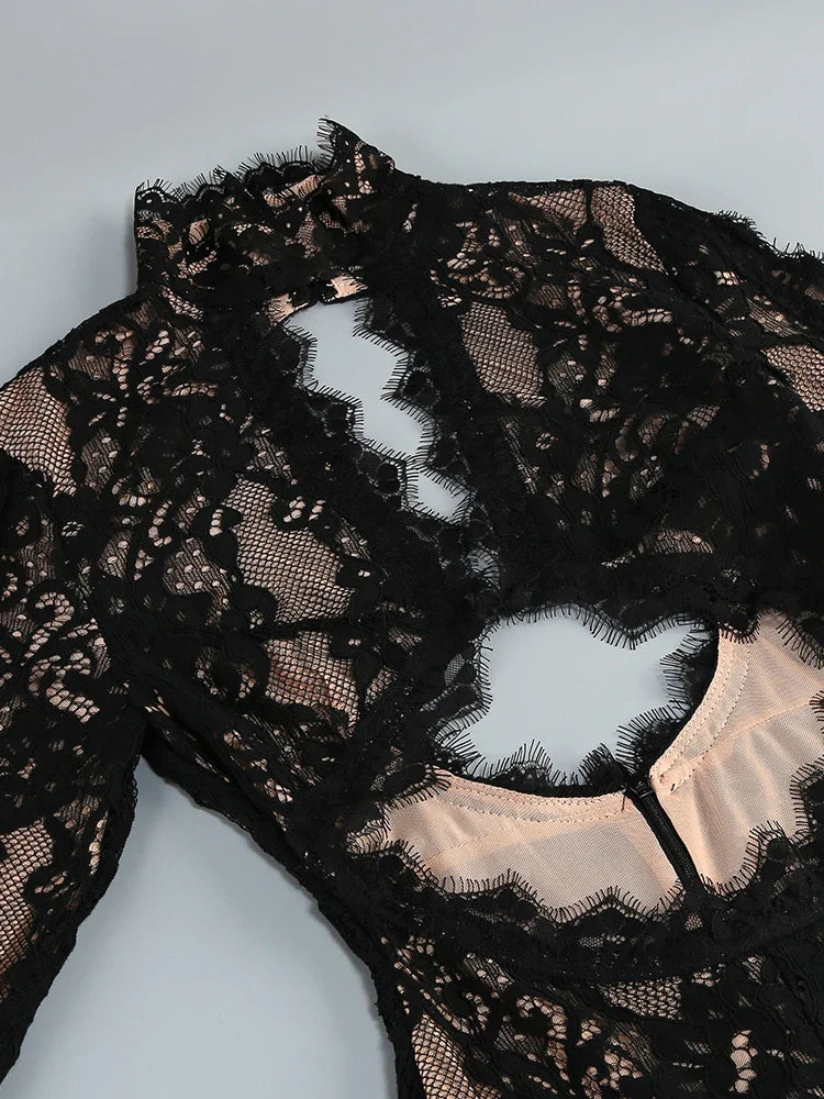 Black Lace Cut Out Long Sleeve Slit Maxi Dress