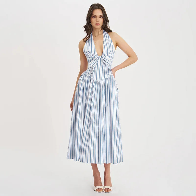 Blue Stripe Deep Neck Maxi Dress