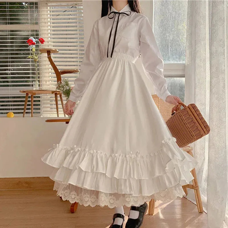 Ruffles Lace Trim Bow Maxi Skirt - Preppy A-Line