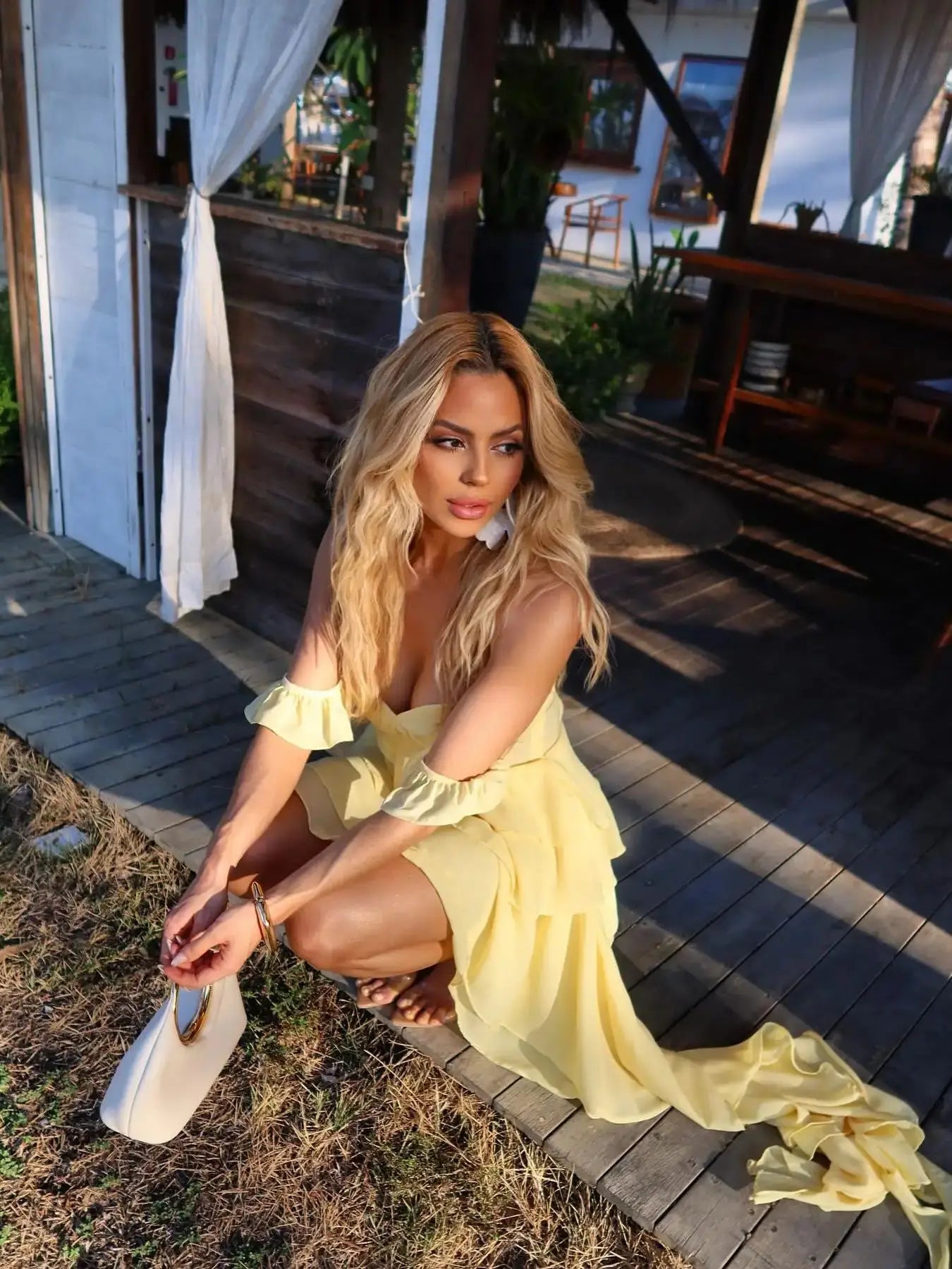 Yellow Ruffle Off Shoulder Layered Mini Dress