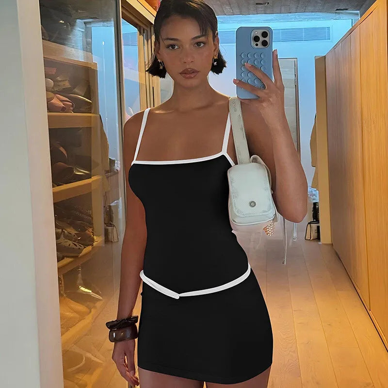 Patchwork Solid Spaghetti Bodycon Dress