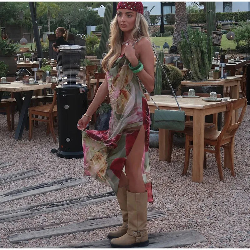 Printed Embroidered Cami Maxi Dress â€?Halter Neck Style