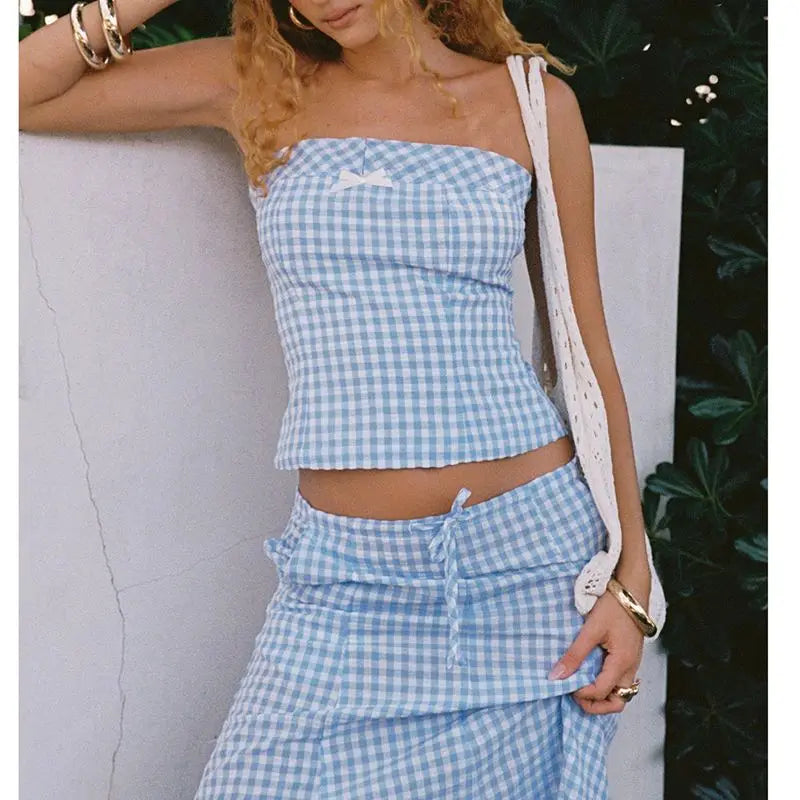 Blue Plaid Tube Top And Long Skirt Set