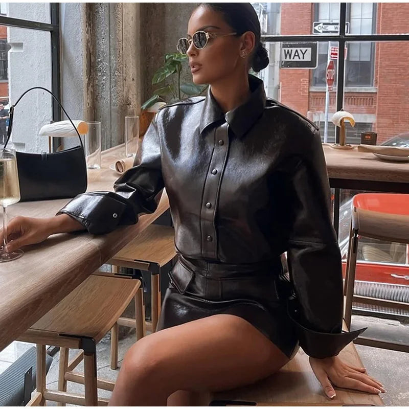 Burgundy Pu Leather Jacket And Mini Skirt