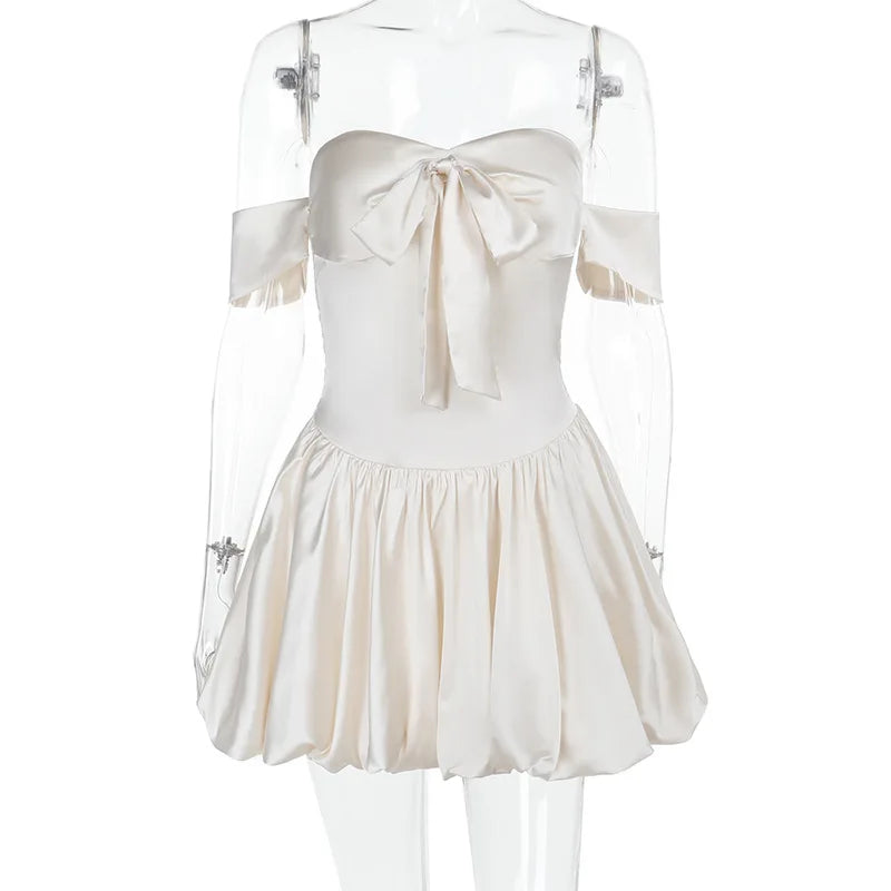 White Satin Off Shoulder Elastic Puff Mini Dress