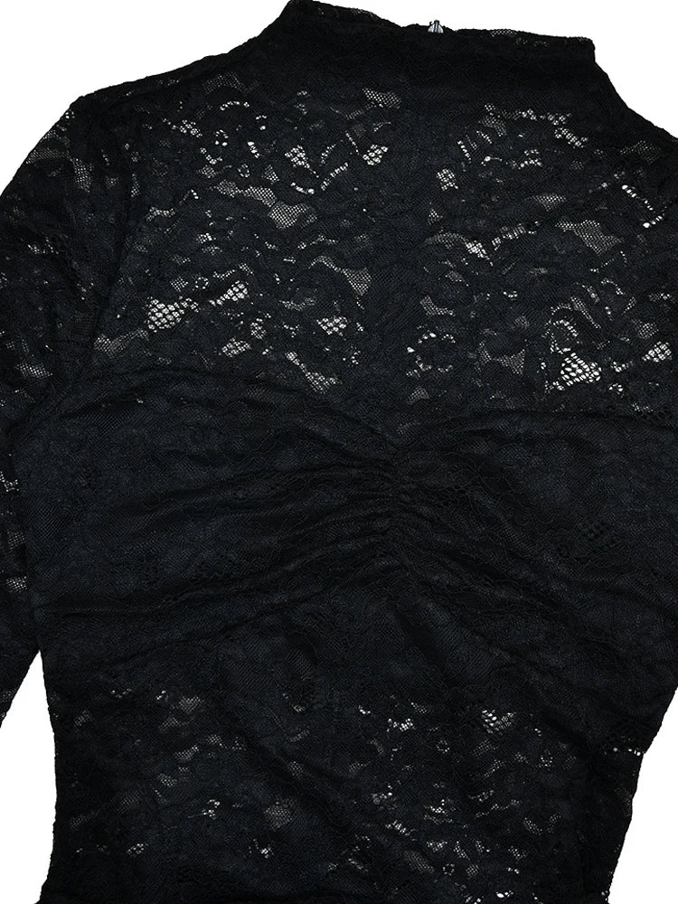 Black Long Sleeve Sheer Lace Mini Dress