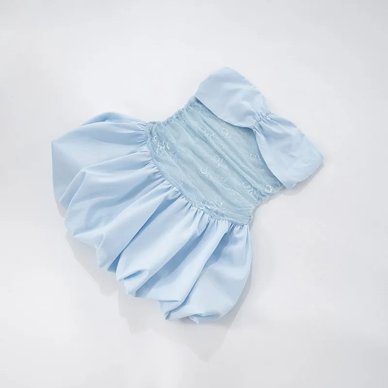 Blue Lace Mesh Tube Mini Dress - A-Line Slim Fit