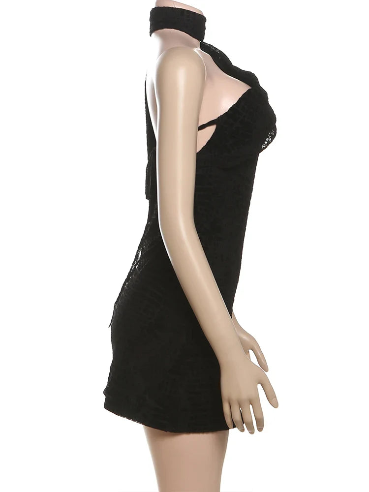 Black Halter Draped Mini Dress