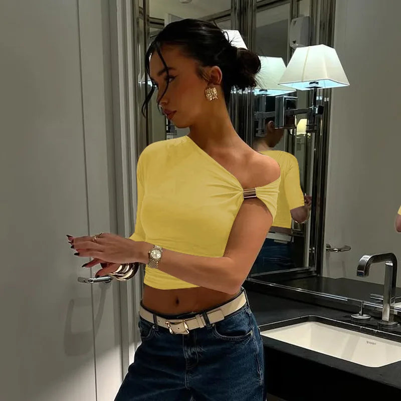 One Shoulder Asymmetrical Metal Ring Top