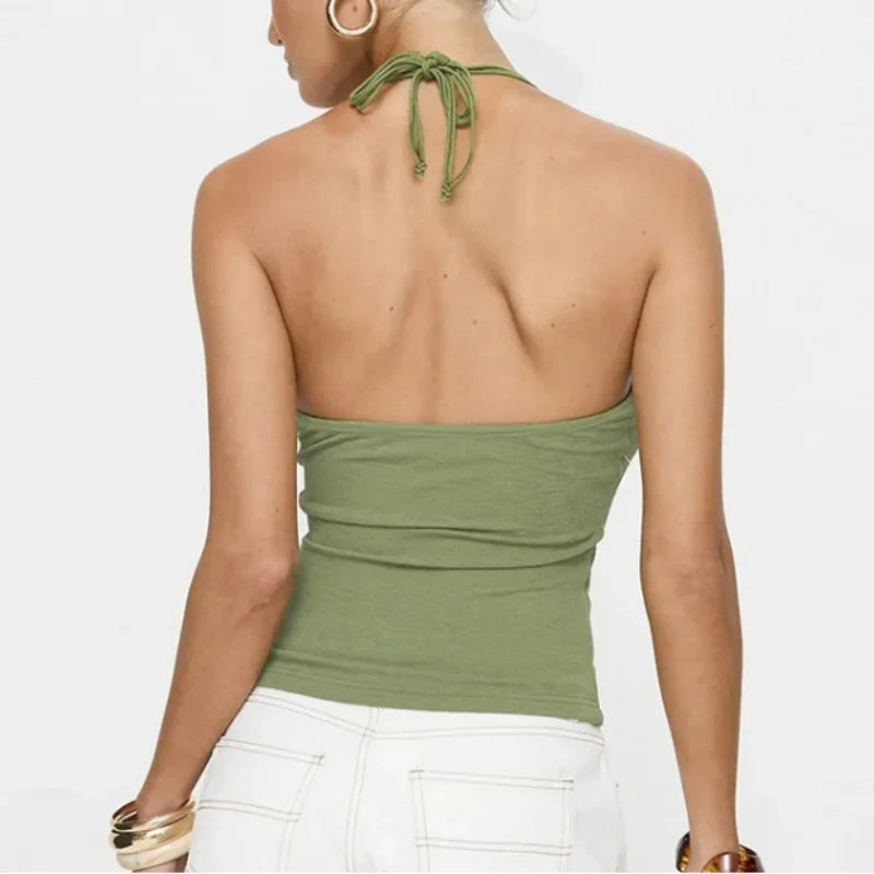 Green Beaded Halter Strap Top