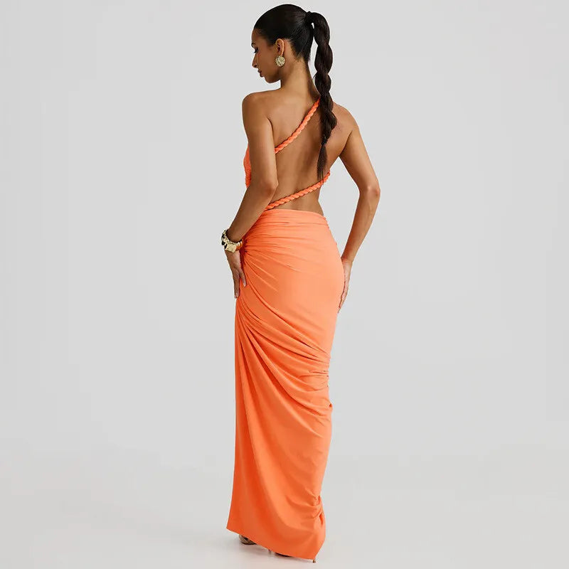 Cut Out Rope Design One Shoulder Slit Midi Dress
