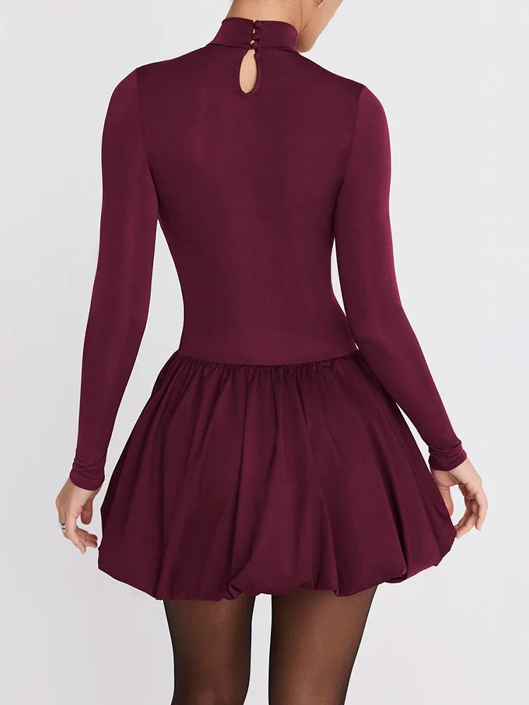 Burgundy Turtleneck Long Sleeve Puff Skirt Mini Dress