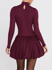 Burgundy Turtleneck Long Sleeve Puff Skirt Mini Dress